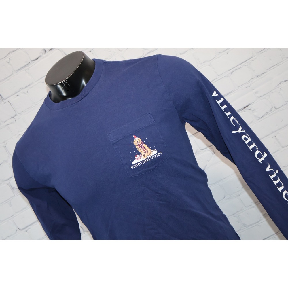 Vineyard Vines T-Shirt Mens Small Blue Christmas Holiday Golden Retriever